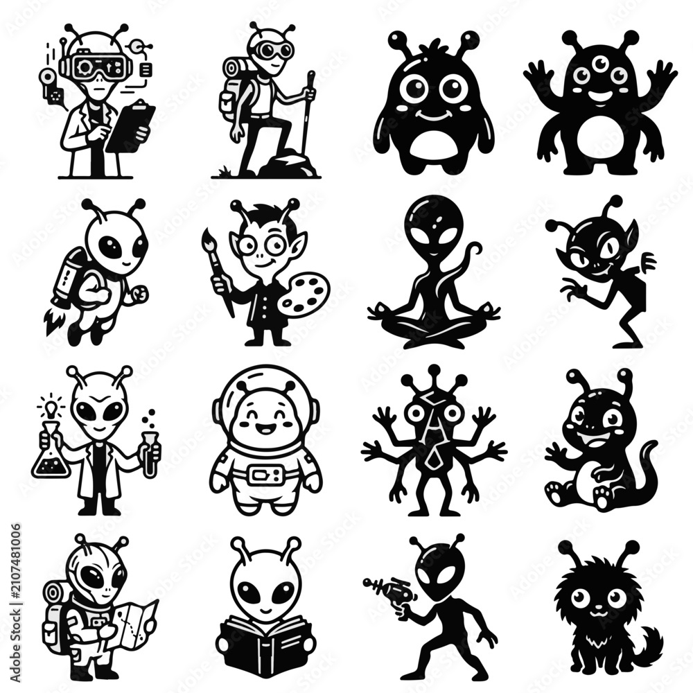 Obraz premium Creative Alien Vector Graphics Black Icons Set for Science and Space