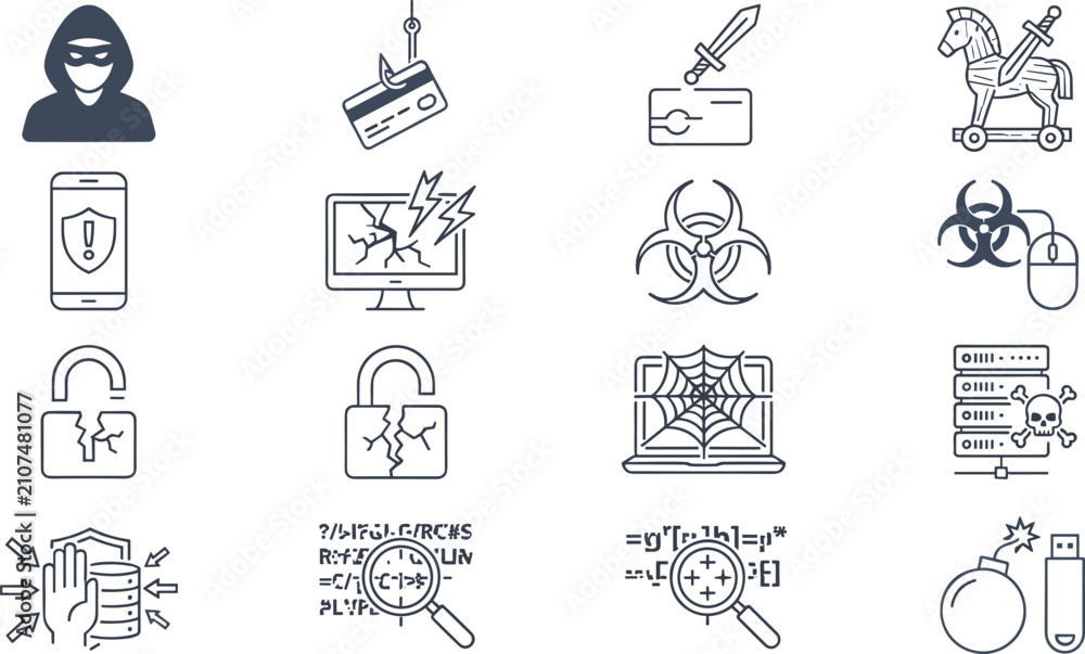 Fototapeta premium Cybersecurity and Digital Threat Line Icon Set Featuring Malware, Hacking, Data Breach, Phishing, Network Security, and Cyber Defense Vector Collection