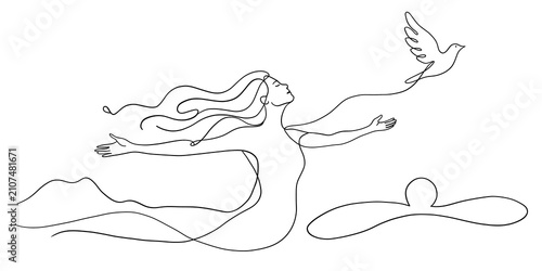 Bild auf Leinwand Minimalist continuous line drawing of a woman releasing a bird
