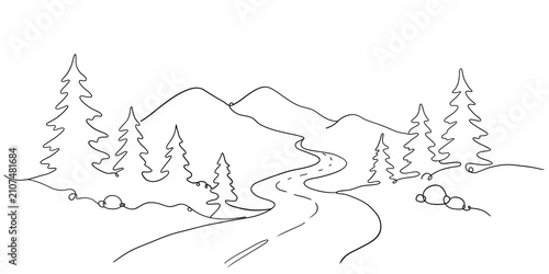 Obraz na płótnie Minimalist line art drawing of mountain landscape with evergreen trees and windi