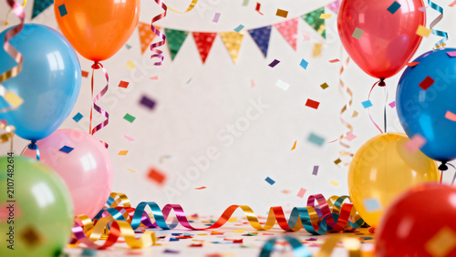 Obraz na plátně Festive frame with balloons, streamers and confetti against simple background in