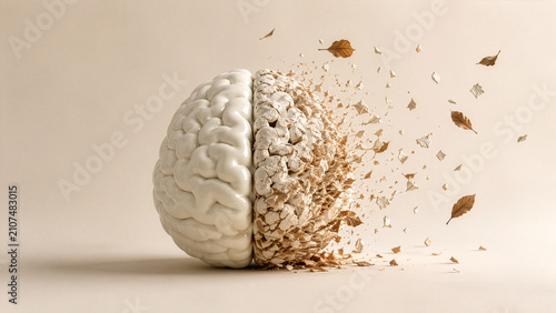 A conceptual illustration of a healthy brain gradually disintegrating into dry leaves and fragments - Generative AI