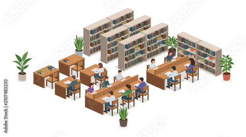 Isometric illustration of people reading and studying in a library