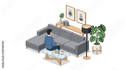 Isometric illustration of a man relaxing in a modern living room