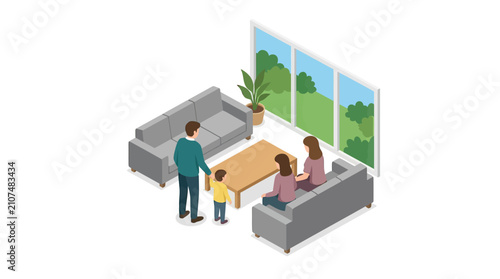 Family spending time together in a modern isometric living room