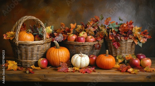 Autumn harvest still life with pumpkins, apples, and fall leaves in woven baskets on a rustic wooden table.