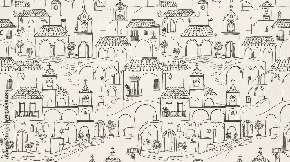 Obraz premium Greece patterns sketch line drawing of ancient houses with architecture mediterranean hellenic classical heritage