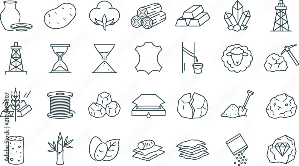 Fototapeta premium Natural Resources and Raw Materials Line Icon Set Featuring Mining, Agriculture, Forestry, Minerals, Textiles, and Industrial Production Vector Collection
