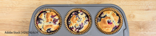 Fotografie Fresh from the oven hot baked lemon blueberry muffing with golden top in jumbo m