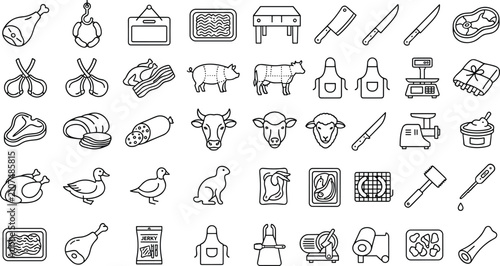 Konstfotografi Butcher Shop and Meat Processing Outline Icon Set Featuring Beef, Pork, Poultry,