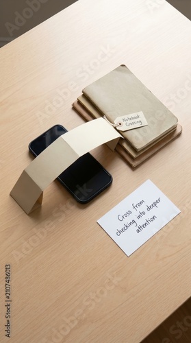 Minimalist arrangement for Digital Detox: Notebooks and smartphone form a bridge to deeper attention