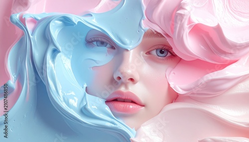 A woman's face emerges from swirls of pastel pink and blue liquid, dreamlike