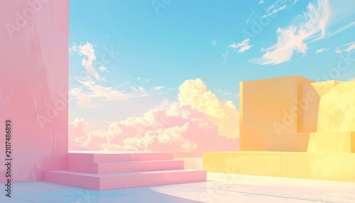 Pastel-colored geometric forms with stairs and platform against a dreamy sky