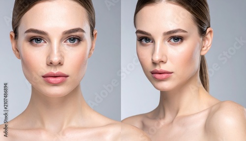 Two portraits of a fair-skinned woman, one straight-on, the other at a slight angle