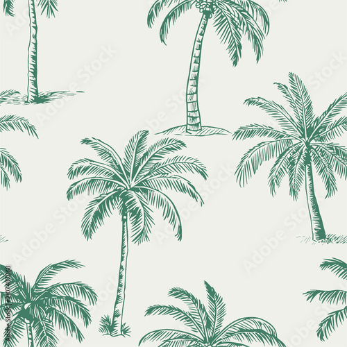 Green palm trees sketched on a light background in a repeating pattern for tropical design concepts