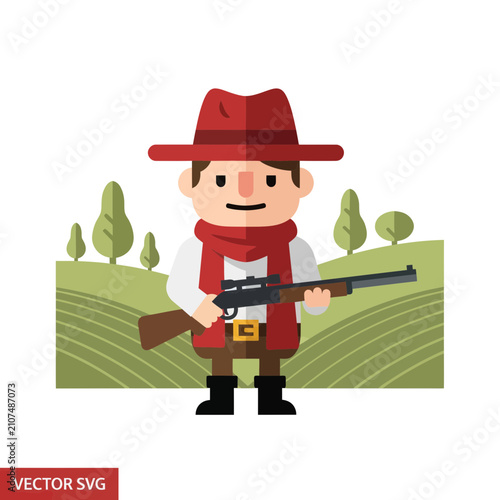 Foto Hunter in red hat holding rifle in green field landscape