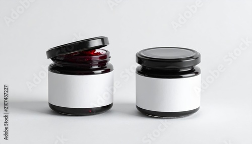 Minimalist mockup of two glass jars with black caps and empty white labels containing red fruit preserve