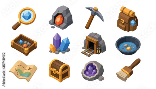 Fotografie Colorful pixel art treasure and mining icons collection.