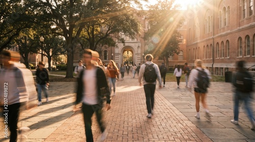 University students walking through historic campus courtyard with brick buildings at sunset for higher education and academic recruitment