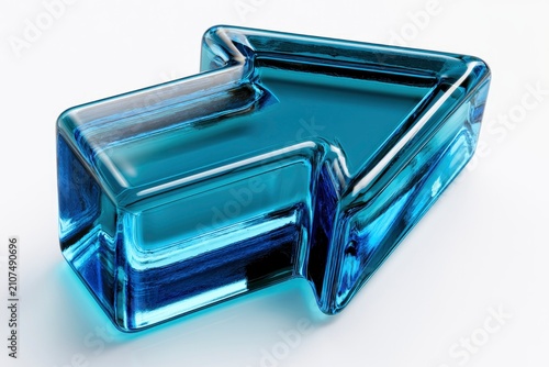 Blue glass arrow pointing right on white background with sharp focus and refractive lighting for business growth marketing