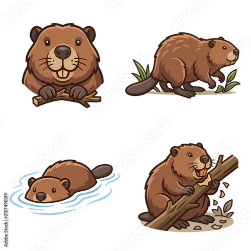 Foto Cartoon beaver in different poses.