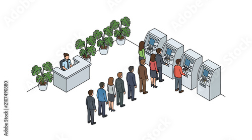 Fotografie People queuing at automated teller machines in bank lobby