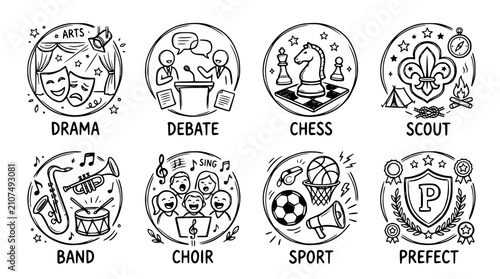 Hand drawn extracurricular school club icons drama debate chess scout band choir sport prefect, black ink sketch vector illustration
