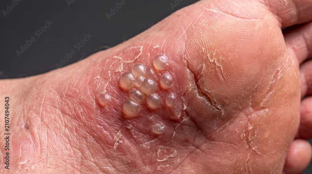 Fototapeta premium Dyshidrotic Eczema Pompholyx Vesicles and Skin Fissure on Foot Sole Close Up