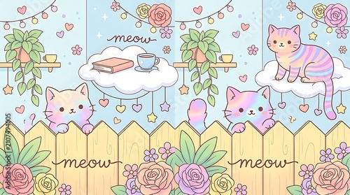 Cute cartoon cats in playful patterns and floral designs. Whimsical kittens with decorative elements for children's products and branding.
