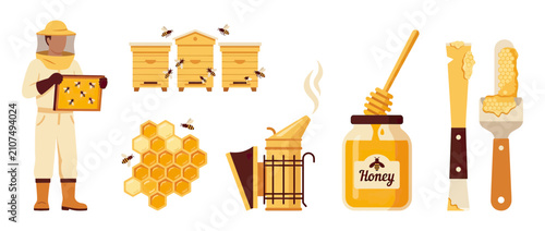 Beekeeping equipment, honey, and bees illustration