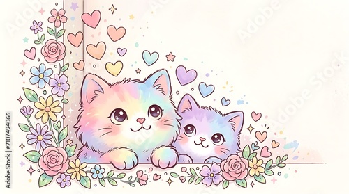Cute kittens cuddling in floral bedding. Adorable white and gray cats snuggling among pastel flowers and hearts.