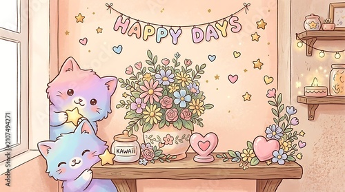 Happy Days birthday party celebration with cute cat plush. Whimsical festive decor and floral garland for joyful event backdrop.