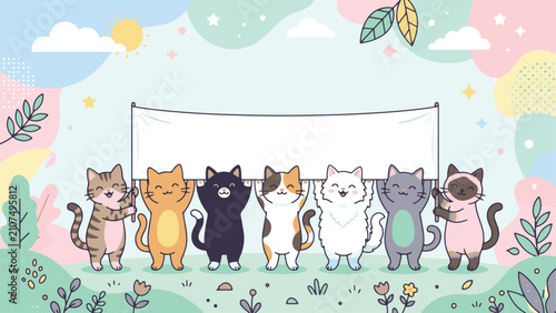 A diverse group of happy cartoon cats holding up a blank white banner in a pastel nature landscape with flowers, clouds, and a sun.