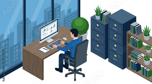 Tableau sur toile Man working at a desk in a modern office isometric illustration
