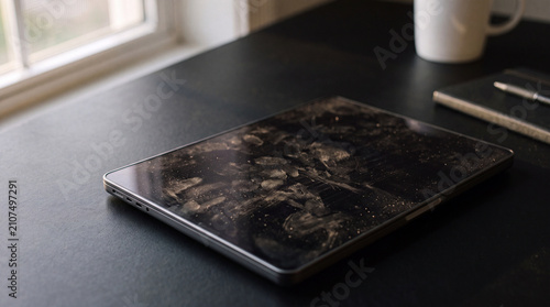 A dirty tablet screen covered in smudges and fingerprints on a dark desk representing device hygiene and security.