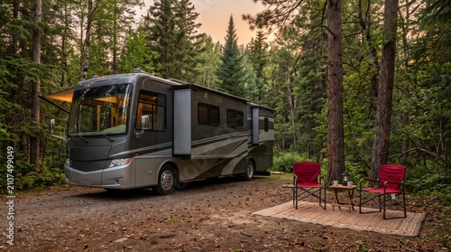 Cozy rv camping setup in serene forest environment