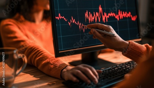 Two people analyzing financial stock market charts on a computer monitor