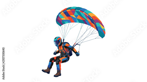 Canvastavla A person in a colorful paraglider suit descending with a parachute against a white background