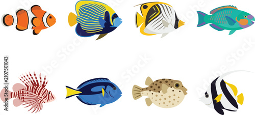Tropical Reef Fish Collection Vector Set with Clownfish Angelfish Butterflyfish Lionfish and Pufferfish