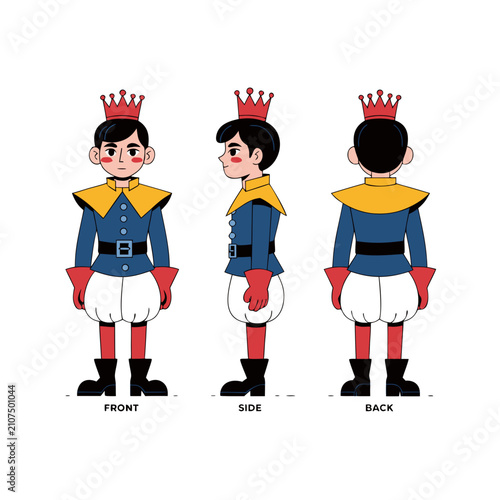 Foto Young Royal Prince Character Turnaround Set – Front, Side and Back Views in Medi