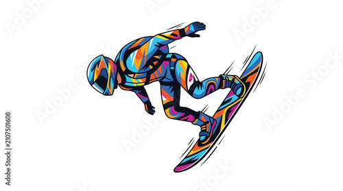 Bild auf Leinwand Dynamic illustration of a snowboarder in mid-air with a colorful, abstract design
