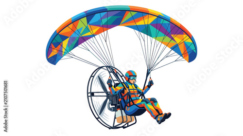 Foto Paramotor pilot with colorful paraglider wing soaring through the sky with a large propeller behind