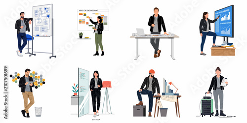Set of professional illustrations showing engineers and tech managers in workplace scenarios such as project planning, data analysis, and technical oversight.