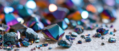 Iridescent crystal fragments scattered on sandy ground with colorful light reflections