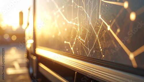 Digital Logistics Network on Truck: A close-up view of a truck's side, overlaid with a glowing digital network graphic, symbolizing advanced logistics and transportation technology.