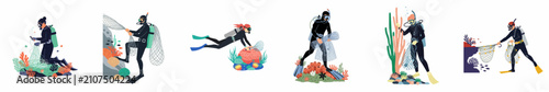 Set of vector illustrations showing scuba divers removing discarded fishing nets from coral reefs to protect marine life and the ocean environment.
