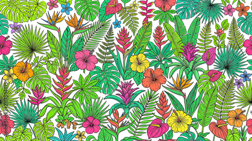 Foto Vibrant Tropical Jungle Foliage and Exotic Flowers Pattern
