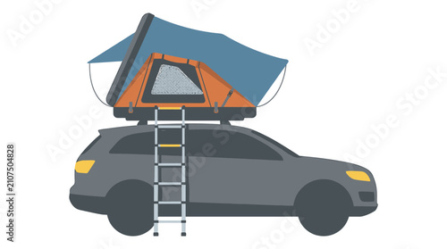 Rooftop Camping Tent on Car with Ladder and Awning Illustration