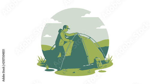 Camping Dome Tent Setup in Green Landscape with Backpack