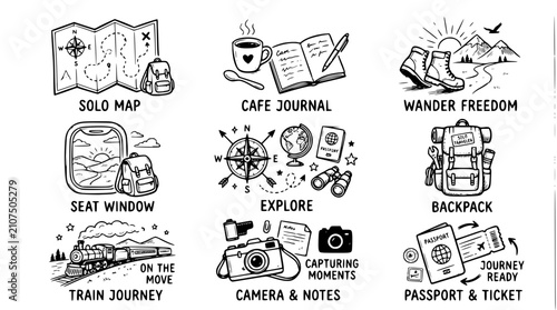 Hand drawn solo travel icons solo map cafe journal wander freedom seat window explore, black ink sketch vector illustration
